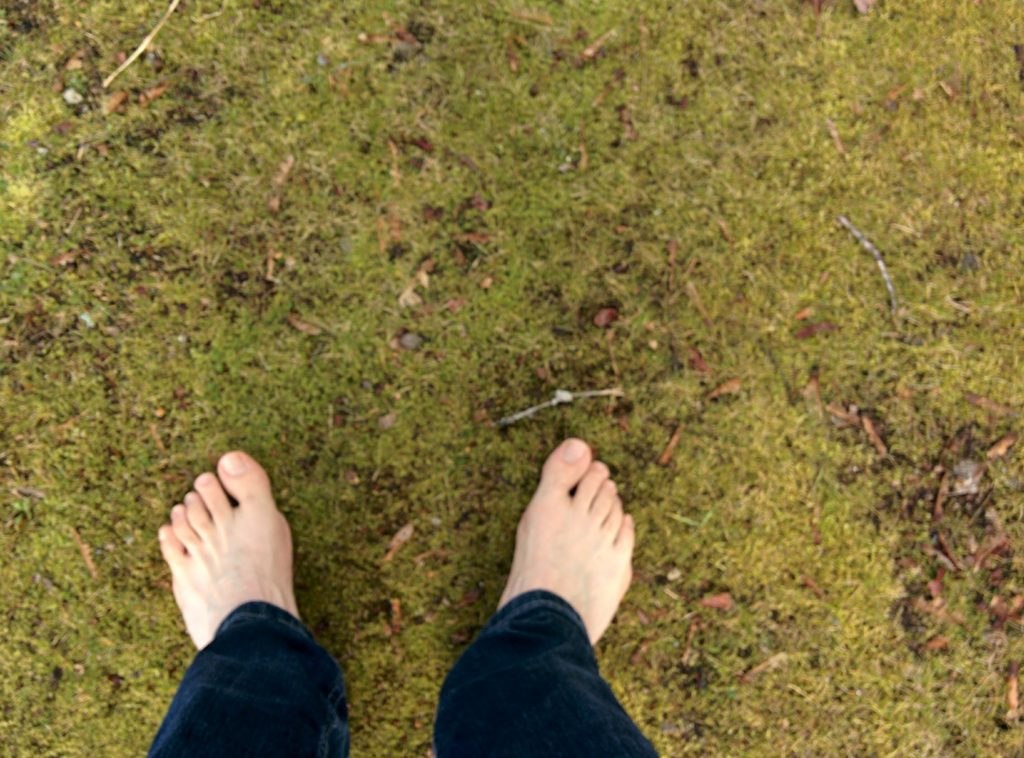 Bare feet on mossy ground.