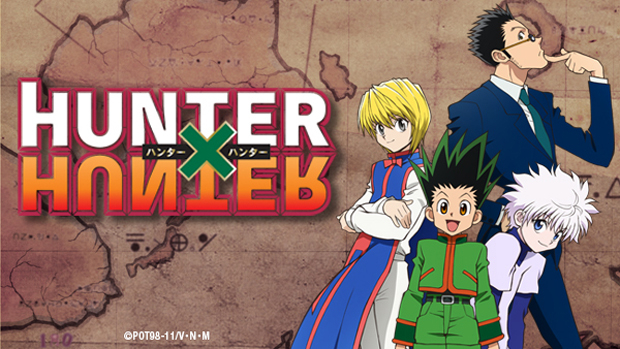 A splash image for the anime Hunter X Hunter, which displayes the title as well as four main characters: Killua, Gon, Kurapika, and Leorio.