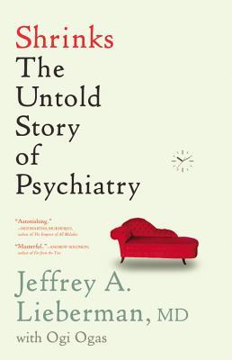 The cover of the book Shrinks: The Untold Story of Psychiatry. A simple clock and a red chaise lounge couch stand out against a stark beige background.