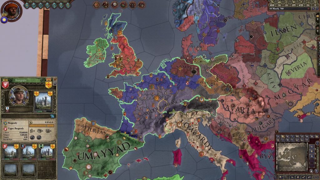 A screenshot of the gameplay from Crusader Kings 2. A map of Europe is crowded with various counties, and a couple of pop-up windows display information about the current ruler of one of them and other information.
