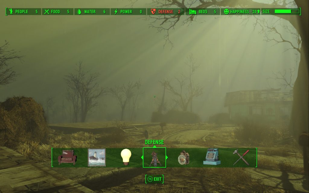 A view of the settlement of Sanctuary in Fallout 4, with light streaming down through the skeletal trees and a heavy mist that blankets the landscape.