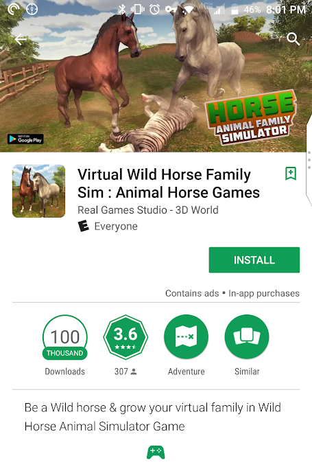 A screenshot of the game page for "Virtual Wild Horse Family Sim: Animal Horse Games" in the Google Play app store. The main image features a pair of horses apparently stomping on a white tiger in the middle of an American Midwest landscape.
