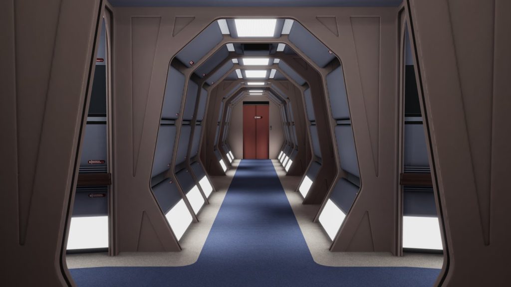 A picture of the hallways inside the Enterprise D, the starship from Star Trek: The Next Generation.