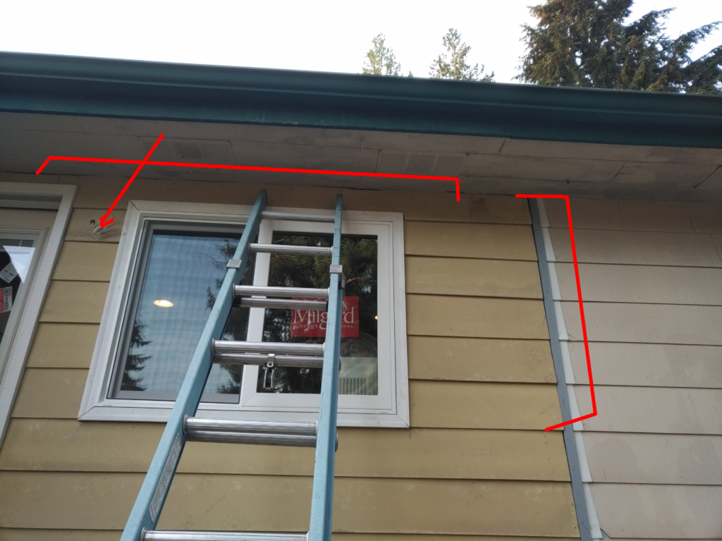 Image of the side of a house with a window and a ladder learning up against the side. Several of the siding boards are indicated with lines and arrows.