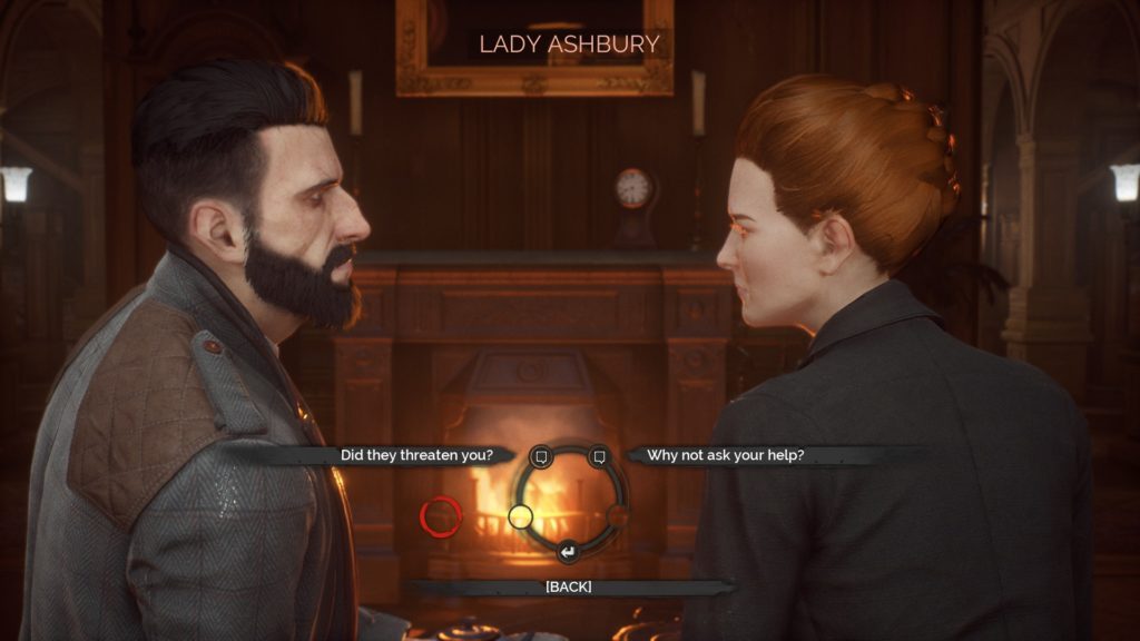 Jonathan and Lady Ashbury in a dialogue scene in front of a fire.