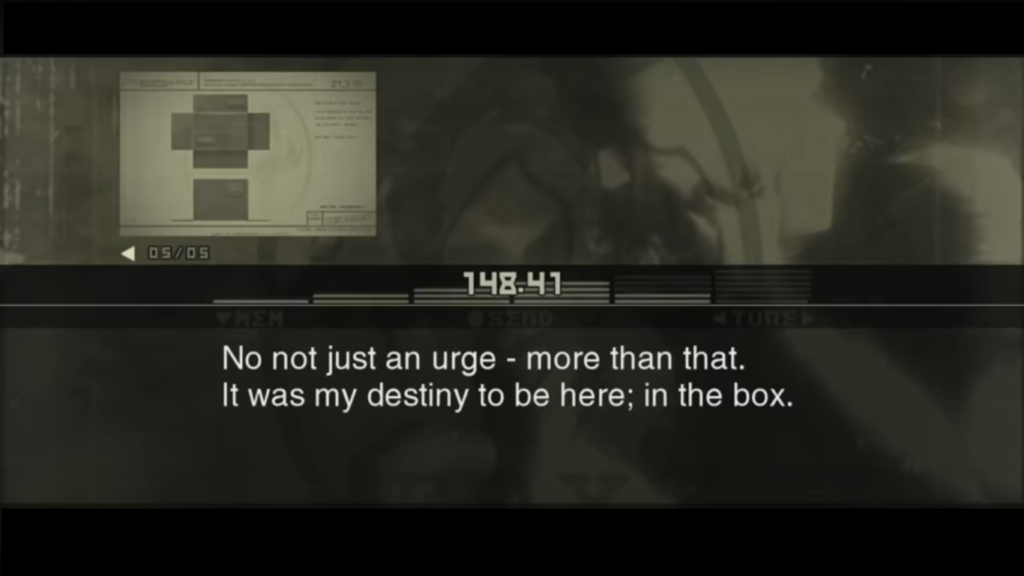 A screenshot of a codec (radio) call from Metal Gear Solid 3. Snake is talking to SIGINT, saying "No, not just an urge - more than that. It was my destiny to be here; in the box."