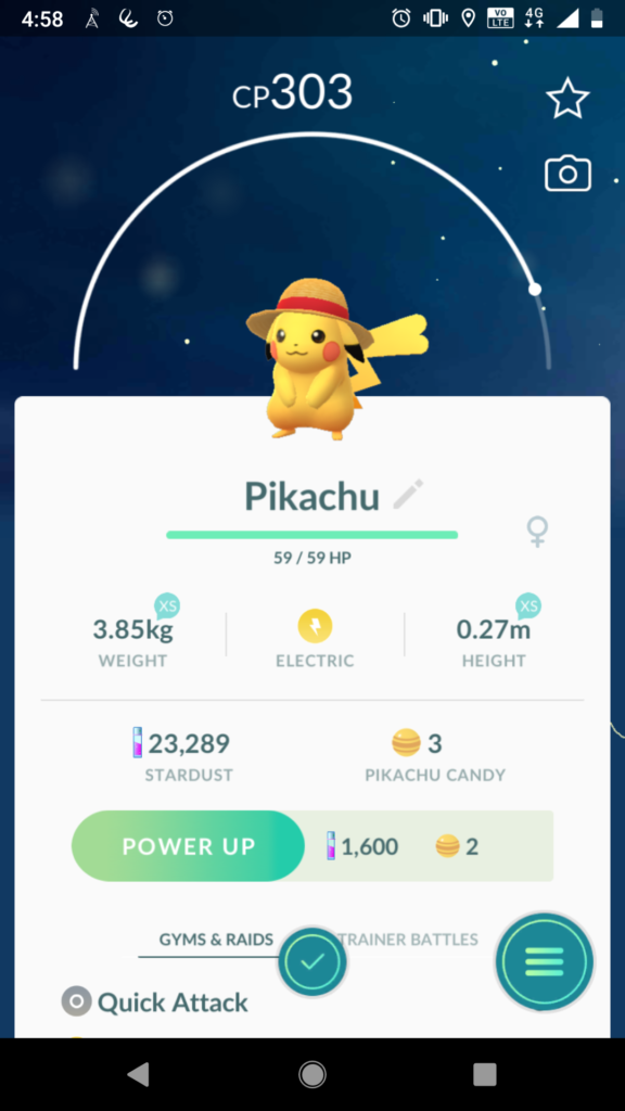 A screenshot of a straw-hatted female pikachu's pokemon screen in Pokemon Go.
