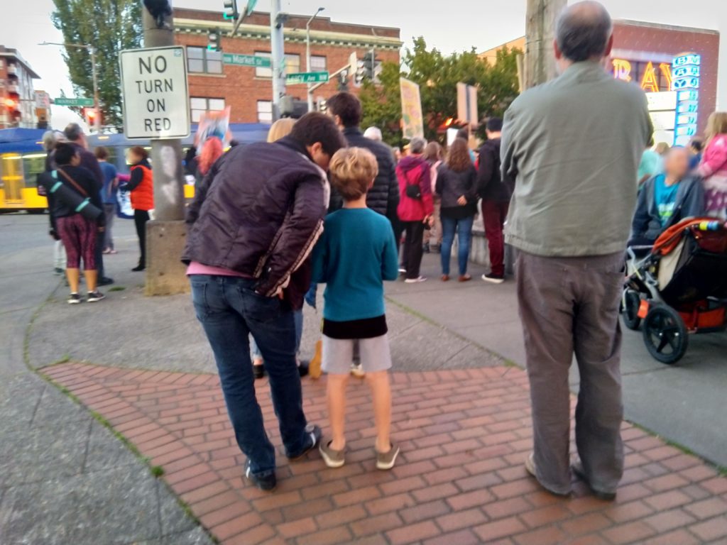 A picture from behind of the crowd at the Climate Strike in ballard.