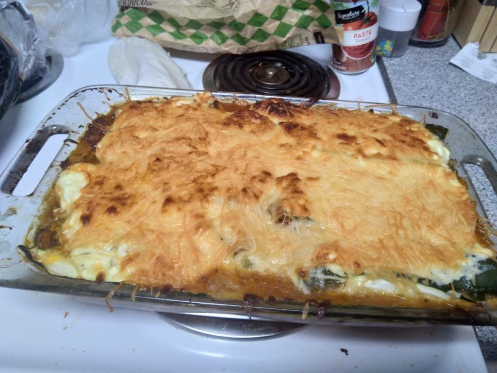 A lasagna fresh out of the oven. The top is nicely browned and only a little burned!