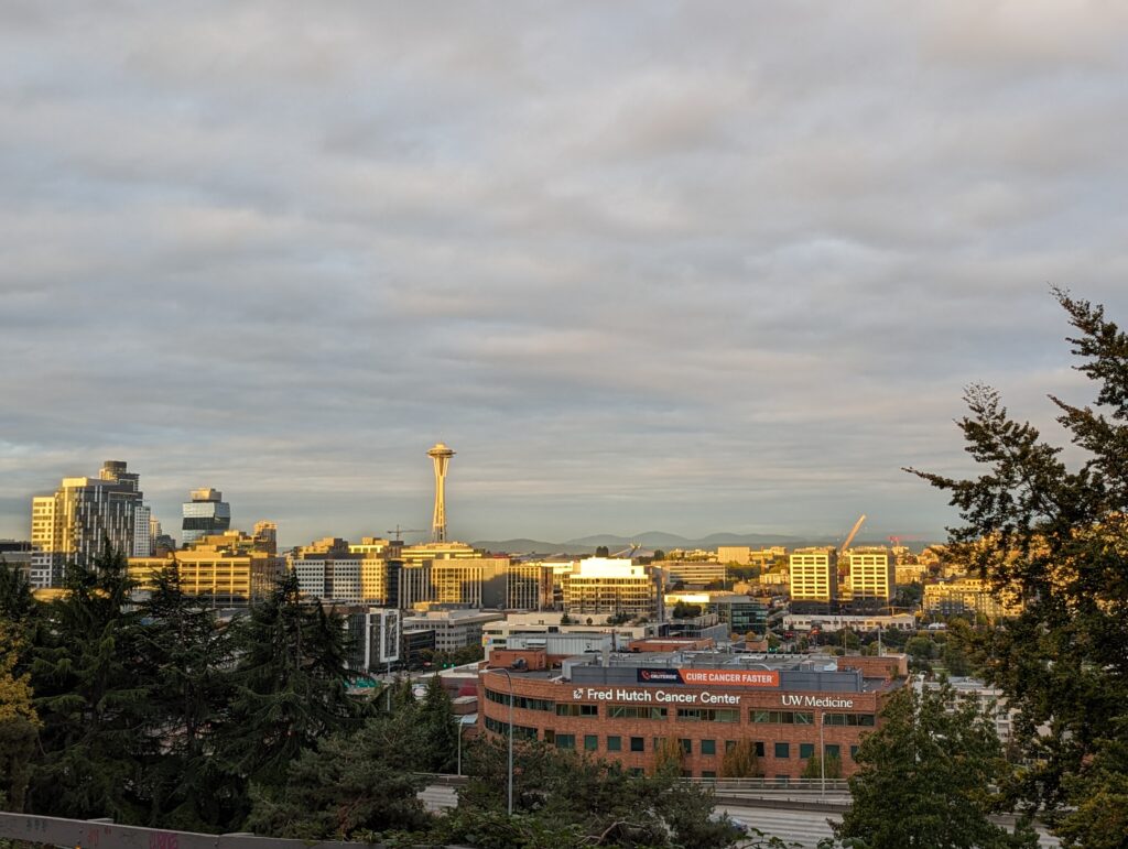 A pictureo f the Seattle Skyline taken from Capitol Hill. The Space needle and downtown are visible in golden morning light.