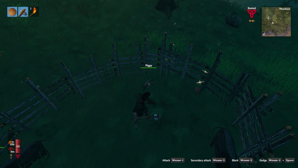 A screenshot of the game Valheim. The player character is looking at a baby boar named "Piggy."