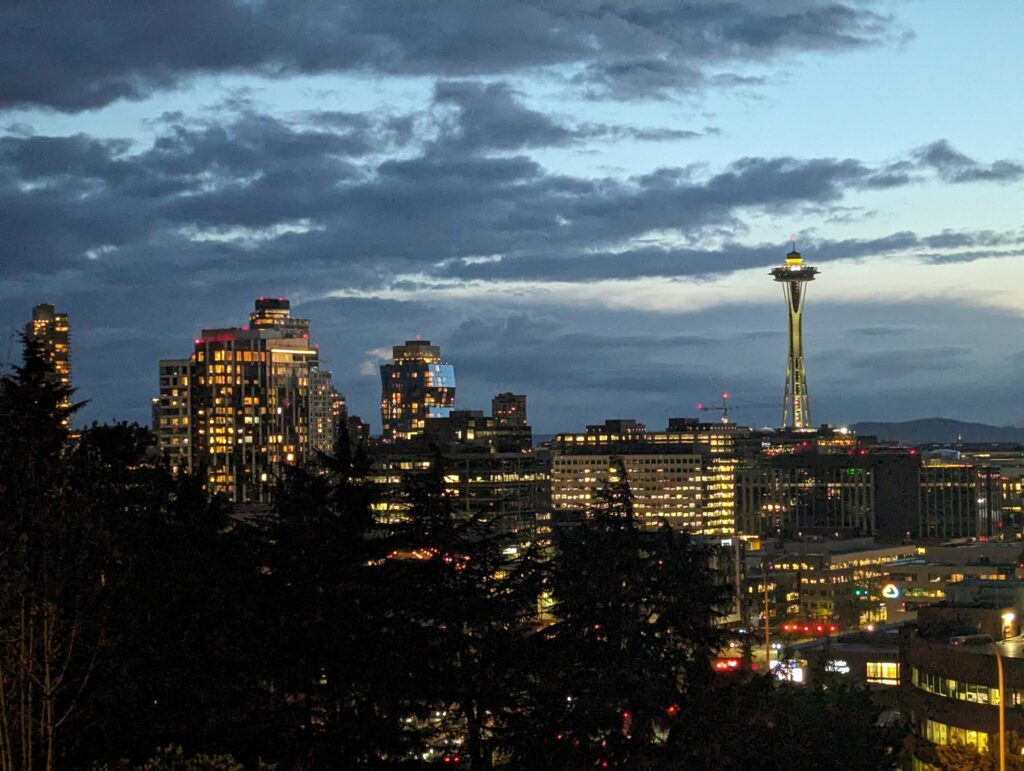 The Seattle skyline at sunset.