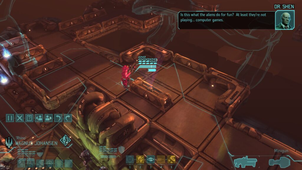 A screenshot from XCOM: Enemy Within. The camera's focused on an alien console with a holographic projection above it. Dr. Shen says over the comm "Is this what the aliens do for fun? At least they're not playing... computer games."